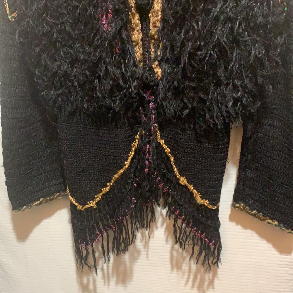 RARE/UNIQUE VINTAGE FLASHBACK RETRO SZ L FUZZY KNIT JACKET:BLACK/MULTI+ FRINGE - Picture 2 of 12